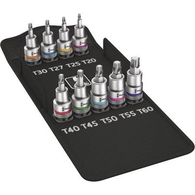 Set of eight socket bits in various sizes and colours, labelled T20 to T60 on a black background.