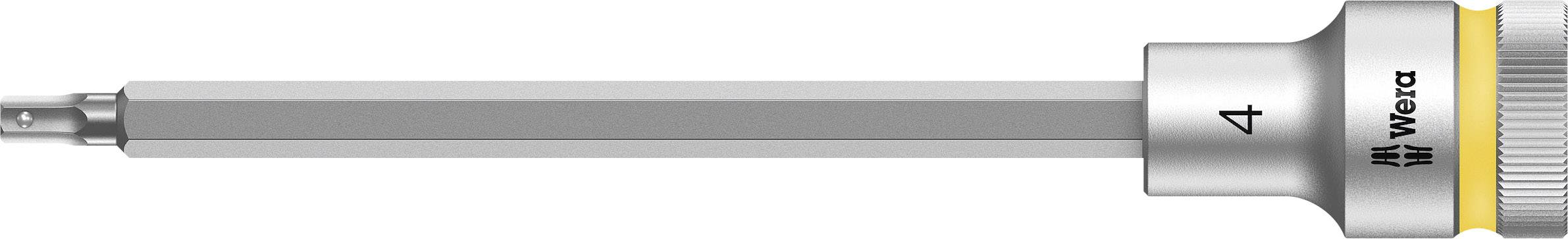 Hexagonal bit by Wera, 4 mm size, with silver shaft and yellow ring, suitable for use in screwdriving tools.