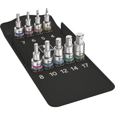 Socket spanner set with nine colour-coded bits in various sizes, arranged in a holder with numbering from 4 to 17.