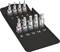 Socket spanner set with nine colour-coded bits in various sizes, arranged in a holder with numbering from 4 to 17.