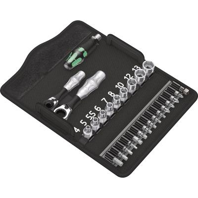 Socket spanner set in case: Various socket sizes, a screwdriver handle and ratchets for different screw sizes.