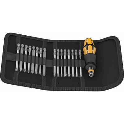 A set of screwdriver bits in a fold-out case, next to a yellow screwdriver handle, arranged in multiple rows.