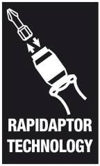 A black rectangle displays a white symbol of a quick-change system with the label 'Rapidaptor Technology'.