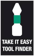 White silhouette of a tool against a black background with a green section in the middle. Text underneath: 'TAKE IT EASY TOOL FINDER'.