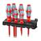 A set of six screwdrivers with red handles and grey inserts, neatly arranged in a black holder.