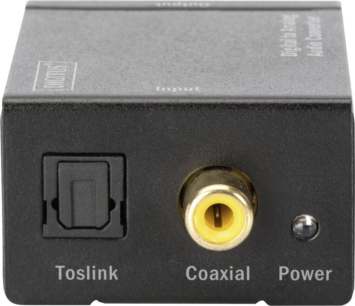 Digital to Analogue Audio Converter; Device with connections: Toslink, Coaxial and Power. Used for converting digital audio signals.