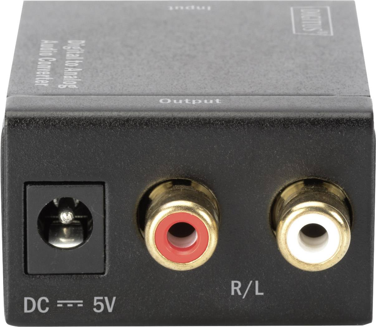 Black digital to analogue audio converter with RCA outputs and DC 5V power connection.