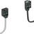 Two rectangular sensors with cables are positioned opposite each other; the left sensor is black with a white cable, the right one with a grey cable.