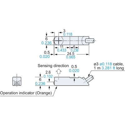 Diagram of a sensor with size specifications in inches and millimetres. Includes cable diameter and operational indicator symbol.