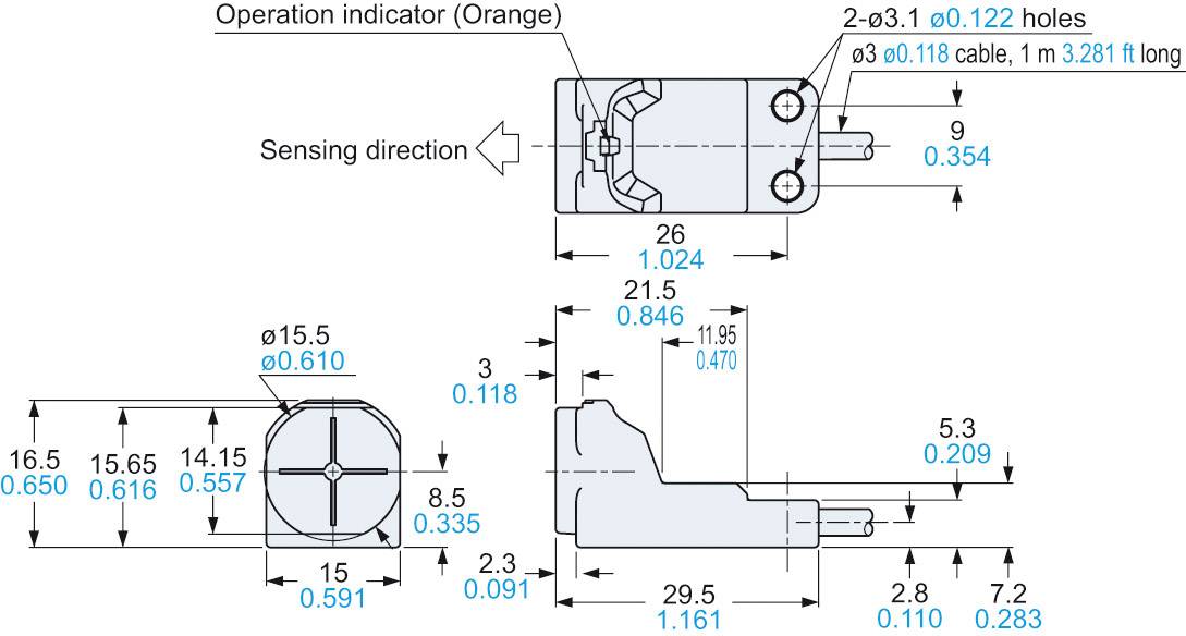 Technical drawing of a sensor with dimensions, cable specifications, and direction of movement. Includes holes, operating note, and sensor orientation.