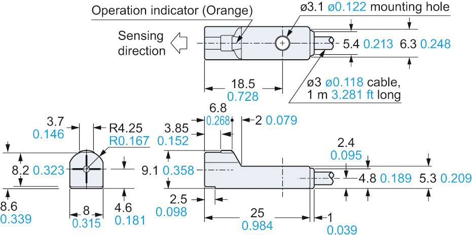 Technical drawing of a sensor with dimensions in inches, showing directions, mounting aperture, and cable length. Colours indicate details.