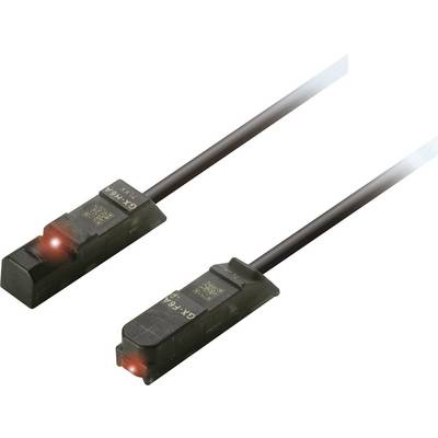 Two black sensors with red lights at their ends, connected by thin cables, on a white background.