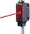 A red laser beam radiates from a rectangular sensor device attached to a white cable.