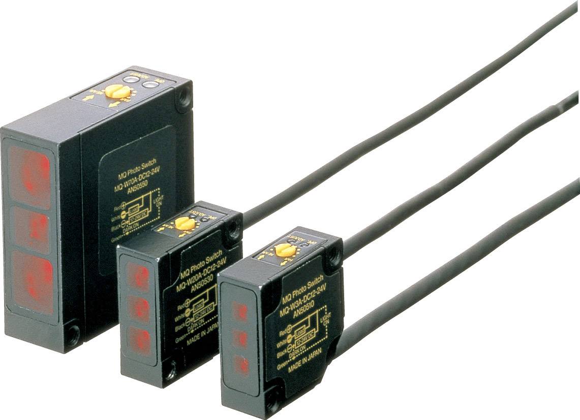 Three rectangular, black sensor devices with cables and red LED lights that can be used for industrial applications.
