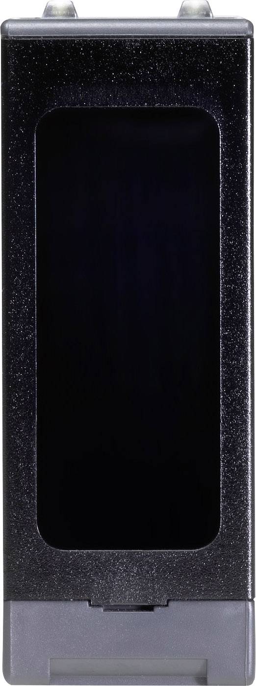 A rectangular, black device with a smooth surface and rounded corners. Two silver contacts are located on the top.