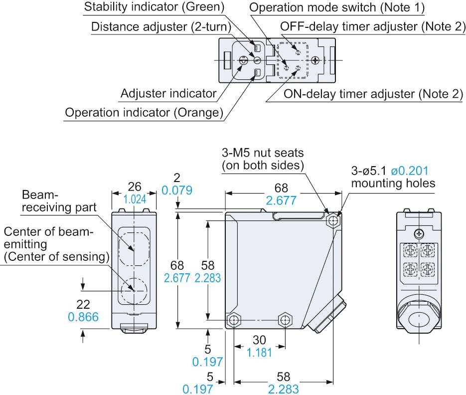'Diagram of a sensor with dimensions and display elements. Main parts: Distance adjuster, Operating mode indicator, Mounting holes.'