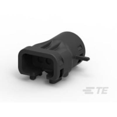 Black rectangular connector with a housing featuring two openings, lying on a white surface. 'TE' trademark visible.