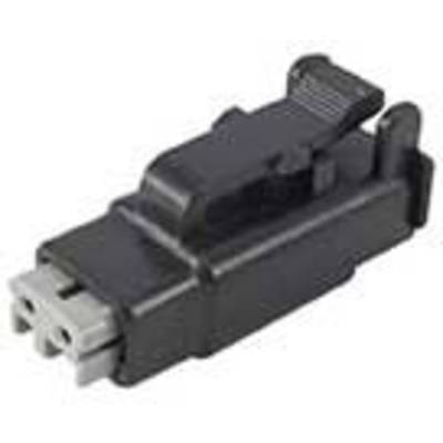 A black plastic connector plug with a locking mechanism, standing on a white surface.