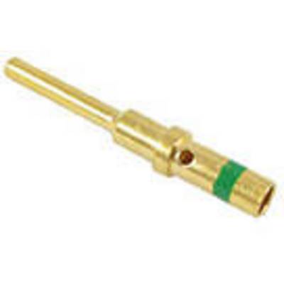 A golden plug with a side hole and green ring. Possible use: Electrical or electronic connections.
