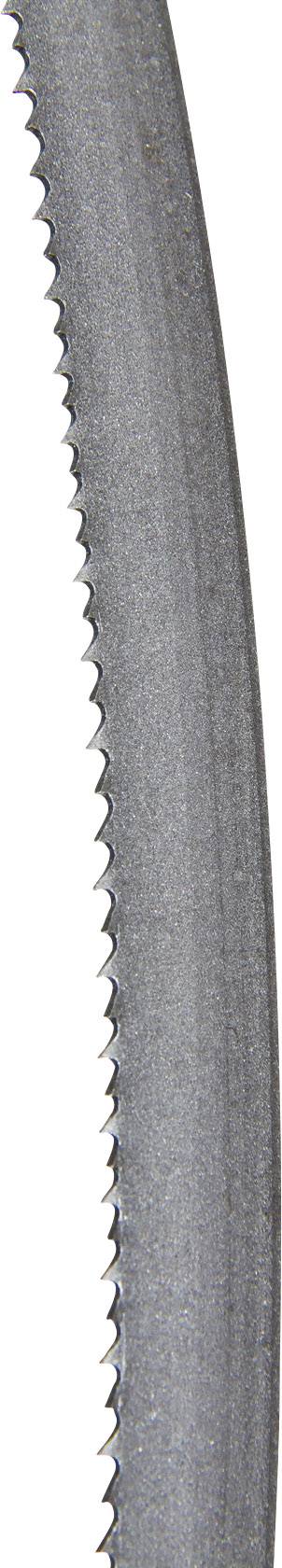 A metal saw blade with fine, uniform teeth along the edge, suitable for precise cuts in wood or metal.