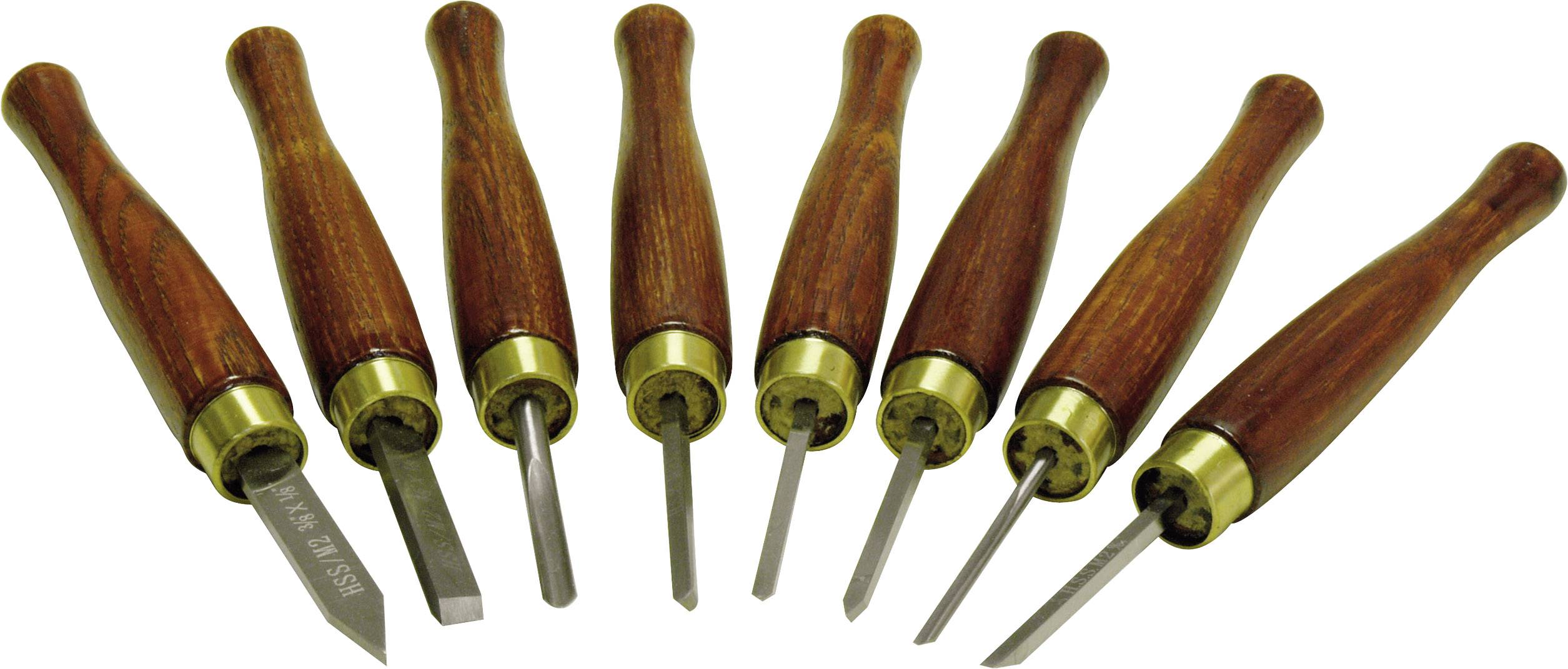 Set of seven wood carving tools with brown wooden handles and brass fittings, showing various blade shapes.