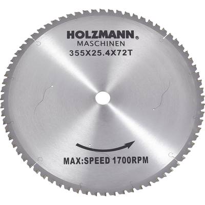 Circular saw blade with the inscription 'HOLZMANN MACHINES' and specifications '355X25.4X72T' and 'MAX SPEED 1700RPM'.