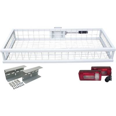 A rectangular metal luggage rack with mounting accessories and two red rear lights, suitable for bicycles or trailers.