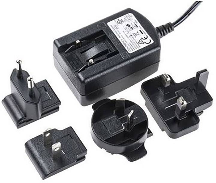 Black power adapter with multiple interchangeable plugs for different socket types. Ideal for travelling in various countries.