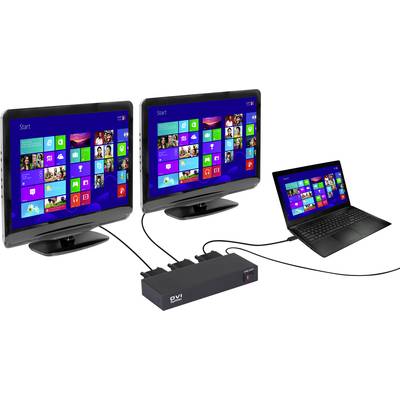 A laptop is connected to a docking station that is operating two monitors with identical screen contents.