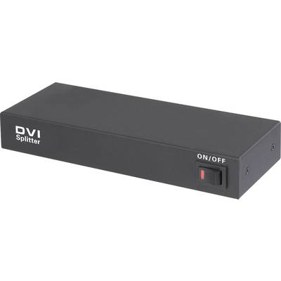 Black DVI splitter with 'DVI Splitter' printed on it, with a power on/off switch visible on the right. Device for distributing video signals.