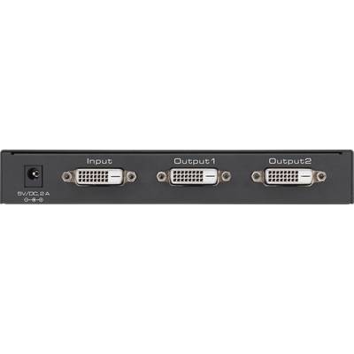 DVI Splitter rear view with three ports: 'Input', 'Output1', 'Output2'. Power connection on the left. Used for distributing video signals.