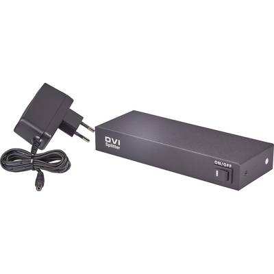 Black DVI Splitter with Power Supply, 'On/Off' Switch on the Side. Device Used for Splitting a DVI Signal across Multiple Screens.
