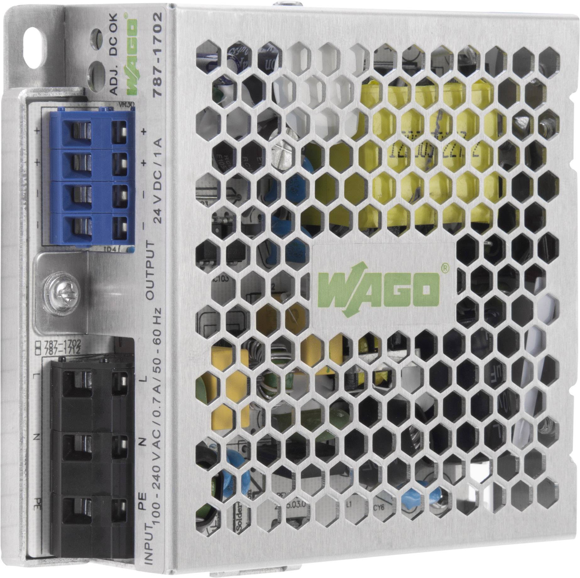 A switched-mode power supply with a metal enclosure and honeycomb structure. 'WAGO' labelling visible. Suitable for 24V DC output.
