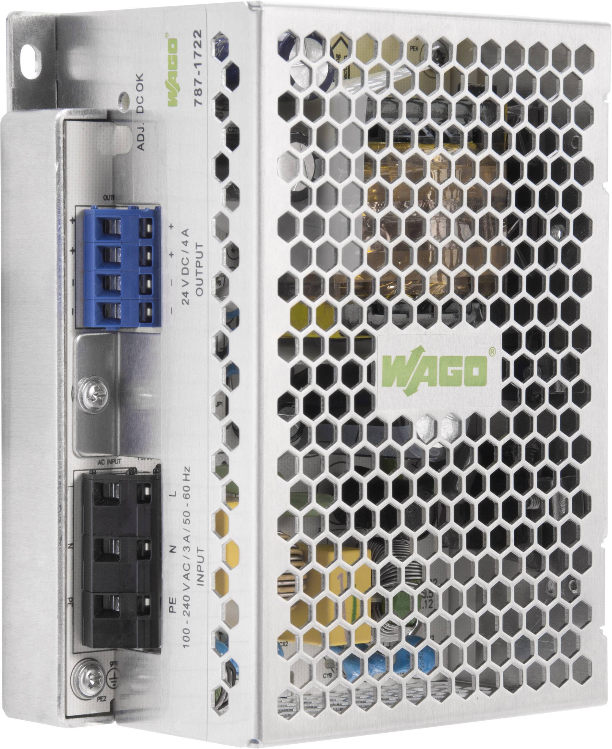 A silver power supply enclosure with a honeycomb-style ventilation grille, blue and black connectors, and a green logo on the front.