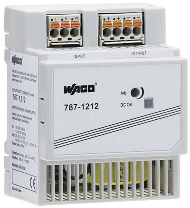 A grey Wago power supply unit with the model number '787-1212', showing input and output terminals along with status indicators.
