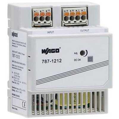A grey Wago power supply unit with the model number '787-1212', showing input and output terminals along with status indicators.