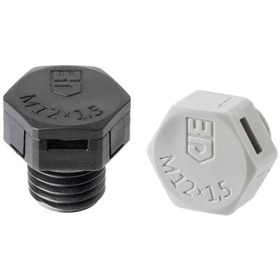 Two plastic screws, one black and one white, each marked with 'M12 x 1.5', brand logo on top.
