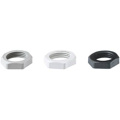 Three hexagonal nuts in different colours: white, light grey, and dark grey. They are positioned side by side on a white surface.