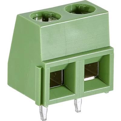 Green two-pole connector for electronic circuits with screw terminals and through-hole connection pins.