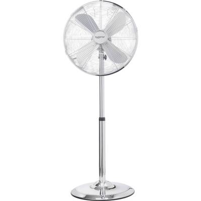 A standing metal fan with a chrome-plated finish, comprising a circular grille and four blades mounted on a sturdy base.