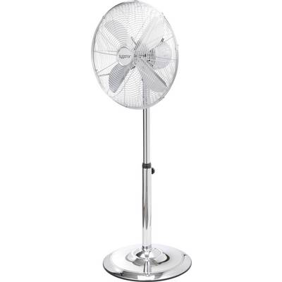 A silver pedestal fan with four blades and a protective grille stands on a round base.