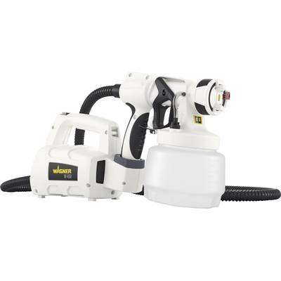 The image shows a white Wagner paint sprayer with a removable paint container and a flexible hose.