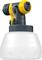 Spray gun with yellow and black details and a large, white liquid container, suitable for gardening or DIY work.