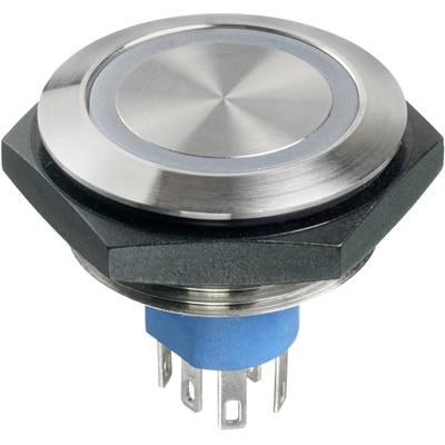 Round push button, silver-coloured, made of metal, with blue base and connectable pins, suitable for electronic circuits.