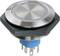 Round push button, silver-coloured, made of metal, with blue base and connectable pins, suitable for electronic circuits.