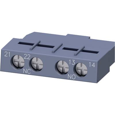 A blue terminal block with screw connections, numbered from 21 to 22 and 13 to 14, describes the switching states 'NC' and 'NO'.