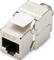 A silver Category 5e Ethernet network plug with a white tab on top.