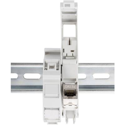 A white network cable module mounted on a DIN rail. On the left, an RJ45 socket, on the right the rail. Suitable for CAT 6A.
