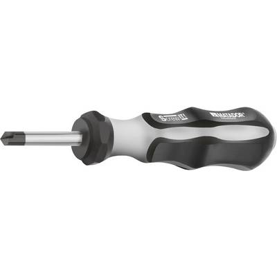 Phillips screwdriver with ergonomic handle, black and silver colouring, suitable for manually driving cross-head screws.
