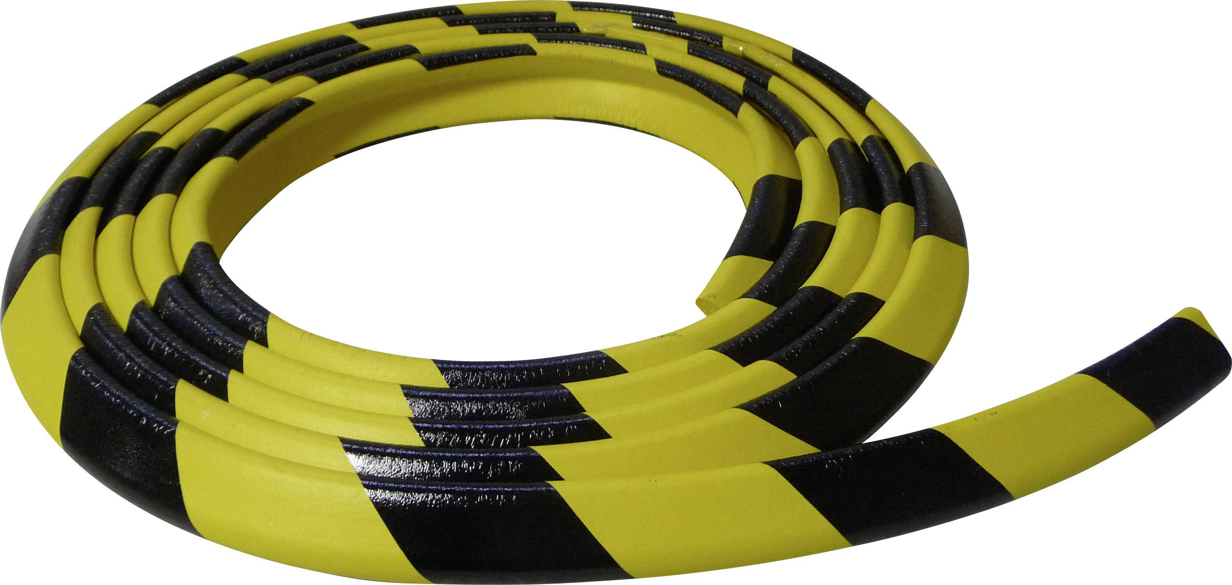A yellow and black striped safety protection or warning hose against a white background, used for accident prevention.